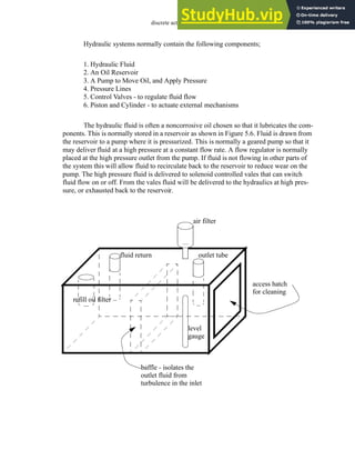 discrete actuators - 5.7
Hydraulic systems normally contain the following components;
1. Hydraulic Fluid
2. An Oil Reservoir
3. A Pump to Move Oil, and Apply Pressure
4. Pressure Lines
5. Control Valves - to regulate fluid flow
6. Piston and Cylinder - to actuate external mechanisms
The hydraulic fluid is often a noncorrosive oil chosen so that it lubricates the com-
ponents. This is normally stored in a reservoir as shown in Figure 5.6. Fluid is drawn from
the reservoir to a pump where it is pressurized. This is normally a geared pump so that it
may deliver fluid at a high pressure at a constant flow rate. A flow regulator is normally
placed at the high pressure outlet from the pump. If fluid is not flowing in other parts of
the system this will allow fluid to recirculate back to the reservoir to reduce wear on the
pump. The high pressure fluid is delivered to solenoid controlled vales that can switch
fluid flow on or off. From the vales fluid will be delivered to the hydraulics at high pres-
sure, or exhausted back to the reservoir.
fluid return
air filter
outlet tube
level
refill oil filter
access hatch
gauge
for cleaning
baffle - isolates the
outlet fluid from
turbulence in the inlet
 