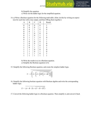 plc boolean - 6.26
b) Simplify the equation.
c) Write out the ladder logic for the simplified equation.
14. a) Write a Boolean equation for the following truth table. (Hint: do this by writing an expres-
sion for each line with a true output, and then ORing them together.)
b) Write the results in a) in a Boolean equation.
c) Simplify the Boolean equation in b)
15. Simplify the following Boolean equation, and create the simplest ladder logic.
16. Simplify the following boolean equation with Boolean algebra and write the corresponding
ladder logic.
17. Convert the following ladder logic to a Boolean equation. Then simplify it, and convert it back
A B C D Result
0
1
0
1
0
1
0
1
0
1
0
1
0
1
0
1
0
0
1
1
0
0
1
1
0
0
1
1
0
0
1
1
0
0
0
0
1
1
1
1
0
0
0
0
1
1
1
1
0
0
0
0
0
0
0
0
1
1
1
1
1
1
1
1
1
0
0
1
0
1
0
1
1
0
0
1
0
0
1
1
Y C A A BC A BC
+
 
 
 
 
+
 
 
 
+
 
 
 
 
=
X A B A
⋅
+
( ) C D EC
+ +
( )
+
=
 