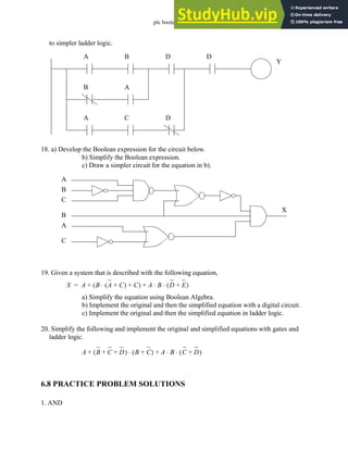 plc boolean - 6.27
to simpler ladder logic.
18. a) Develop the Boolean expression for the circuit below.
b) Simplify the Boolean expression.
c) Draw a simpler circuit for the equation in b).
19. Given a system that is described with the following equation,
a) Simplify the equation using Boolean Algebra.
b) Implement the original and then the simplified equation with a digital circuit.
c) Implement the original and then the simplified equation in ladder logic.
20. Simplify the following and implement the original and simplified equations with gates and
ladder logic.
6.8 PRACTICE PROBLEM SOLUTIONS
1. AND
A B D D
B A
A C D
Y
A
B
C
B
C
A
X
X A B A C
+
( )
⋅ C
+
( ) A B D E
+
( )
⋅ ⋅
+ +
=
A B C D
+ +
( ) B C
+
( ) A B C D
+
( )
⋅ ⋅
+
⋅
+
 
