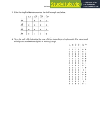 plc karnaugh - 7.6
3. Write the simplest Boolean equation for the Karnaugh map below,
4. Given the truth table below find the most efficient ladder logic to implement it. Use a structured
technique such as Boolean algebra or Karnaugh maps.
AB
AB
AB
AB
CD CD CD CD
1
0
0
0
0
0
0
1
0
0
0
1
1
0
0
0
A
0
0
0
0
0
0
0
0
1
1
1
1
1
1
1
1
B
0
0
0
0
1
1
1
1
0
0
0
0
1
1
1
1
C
0
0
1
1
0
0
1
1
0
0
1
1
0
0
1
1
D
0
1
0
1
0
1
0
1
0
1
0
1
0
1
0
1
X
0
0
0
0
0
0
0
0
1
1
0
0
1
1
0
0
Y
0
1
0
0
0
0
1
1
0
1
0
0
0
0
1
1
 