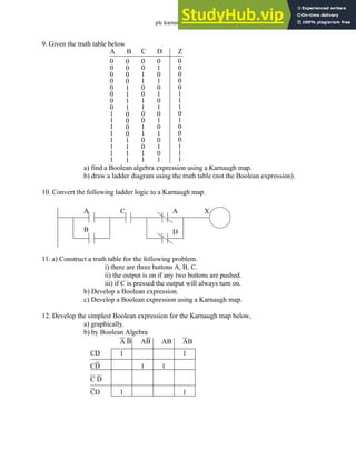 plc karnaugh - 7.10
9. Given the truth table below
a) find a Boolean algebra expression using a Karnaugh map.
b) draw a ladder diagram using the truth table (not the Boolean expression).
10. Convert the following ladder logic to a Karnaugh map.
11. a) Construct a truth table for the following problem.
i) there are three buttons A, B, C.
ii) the output is on if any two buttons are pushed.
iii) if C is pressed the output will always turn on.
b) Develop a Boolean expression.
c) Develop a Boolean expression using a Karnaugh map.
12. Develop the simplest Boolean expression for the Karnaugh map below,
a) graphically.
b) by Boolean Algebra
0
0
0
0
0
0
0
0
1
1
1
1
1
1
1
1
A
0
0
0
0
1
1
1
1
0
0
0
0
1
1
1
1
0
0
1
1
0
0
1
1
0
0
1
1
0
0
1
1
0
1
0
1
0
1
0
1
0
1
0
1
0
1
0
1
B C D Z
0
0
0
0
0
1
1
1
0
1
0
0
0
1
1
1
A
B
C A
D
X
A B AB AB AB
CD
CD
C D
CD
1
1
1 1
1
1
 