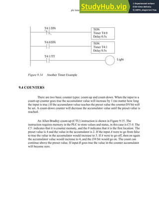 plc timers - 9.14
Figure 9.14 Another Timer Example
9.4 COUNTERS
There are two basic counter types: count-up and count-down. When the input to a
count-up counter goes true the accumulator value will increase by 1 (no matter how long
the input is true.) If the accumulator value reaches the preset value the counterDN bit will
be set. A count-down counter will decrease the accumulator value until the preset value is
reached.
An Allen Bradley count-up (CTU) instruction is shown in Figure 9.15. The
instruction requires memory in the PLC to store values and status, in this case is C5:0. The
C5: indicates that it is counter memory, and the 0 indicates that it is the first location. The
preset value is 4 and the value in the accumulator is 2. If the input A were to go from false
to true the value in the accumulator would increase to 3. If A were to go off, then on again
the accumulator value would increase to 4, and the DN bit would go on. The count can
continue above the preset value. If input B goes true the value in the counter accumulator
will become zero.
TON
Timer T4:0
Delay 0.5s
Light
T4:1/DN
T4:1/TT
TON
Timer T4:1
Delay 0.5s
T4:0/DN
 