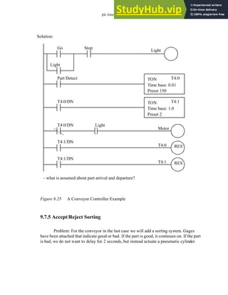 plc timers - 9.24
Figure 9.25 A Conveyor Controller Example
9.7.5 Accept/Reject Sorting
Problem: For the conveyor in the last case we will add a sorting system. Gages
have been attached that indicate good or bad. If the part is good, it continues on. If the part
is bad, we do not want to delay for 2 seconds, but instead actuate a pneumatic cylinder.
Light
Light
Go Stop
Part Detect TON
Time base: 0.01
Preset 150
T4:0
T4:0/DN TON
Time base: 1.0
Preset 2
T4:1
T4:0/DN Light
Motor
T4:1/DN
T4:0 RES
T4:1/DN
T4:1 RES
- what is assumed about part arrival and departure?
Solution:
 
