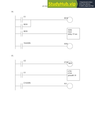 plc timers - 9.37
14.
15.
I/1
B3/0
B3/0
B3/0
TON
T4:0
delay 15 sec
T4:0/DN O/01
I/2
I/1
C5:0
CTU
C5:0
presetR 10
C5:0/DN O/1
RES
 