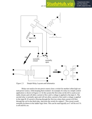 plc wiring - 2.3
Figure 2.1 Simple Relay Layouts and Schematics
Relays are used to let one power source close a switch for another (often high cur-
rent) power source, while keeping them isolated. An example of a relay in a simple control
application is shown in Figure 2.2. In this system the first relay on the left is used as nor-
mally closed, and will allow current to flow until a voltage is applied to the input A. The
second relay is normally open and will not allow current to flow until a voltage is applied
to the input B. If current is flowing through the first two relays then current will flow
through the coil in the third relay, and close the switch for output C. This circuit would
normally be drawn in the ladder logic form. This can be read logically as C will be on if A
is off and B is on.
normally
open
normally
closed
input coil
OR
OR
 