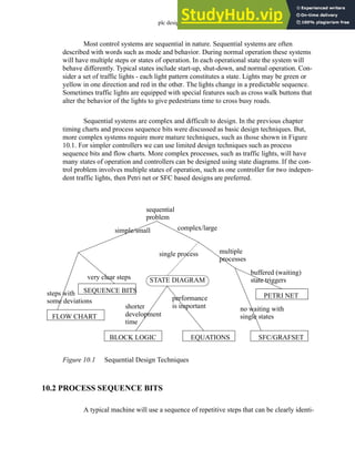 plc design - 10.2
Most control systems are sequential in nature. Sequential systems are often
described with words such as mode and behavior. During normal operation these systems
will have multiple steps or states of operation. In each operational state the system will
behave differently. Typical states include start-up, shut-down, and normal operation. Con-
sider a set of traffic lights - each light pattern constitutes a state. Lights may be green or
yellow in one direction and red in the other. The lights change in a predictable sequence.
Sometimes traffic lights are equipped with special features such as cross walk buttons that
alter the behavior of the lights to give pedestrians time to cross busy roads.
Sequential systems are complex and difficult to design. In the previous chapter
timing charts and process sequence bits were discussed as basic design techniques. But,
more complex systems require more mature techniques, such as those shown in Figure
10.1. For simpler controllers we can use limited design techniques such as process
sequence bits and flow charts. More complex processes, such as traffic lights, will have
many states of operation and controllers can be designed using state diagrams. If the con-
trol problem involves multiple states of operation, such as one controller for two indepen-
dent traffic lights, then Petri net or SFC based designs are preferred.
Figure 10.1 Sequential Design Techniques
10.2 PROCESS SEQUENCE BITS
A typical machine will use a sequence of repetitive steps that can be clearly identi-
sequential
problem
simple/small
steps with
complex/large
single process
STATE DIAGRAM
EQUATIONS
BLOCK LOGIC
shorter
development
time
performance
is important
multiple
SFC/GRAFSET
PETRI NET
processes
buffered (waiting)
state triggers
no waiting with
single states
SEQUENCE BITS
FLOW CHART
some deviations
very clear steps
 
