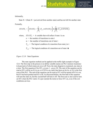 plc states - 12.17
Figure 12.19 State Equations
The state equation method can be applied to the traffic light example in Figure
12.8. The first step in the process is to define variable names (or PLC memory locations)
to keep track of which states are on or off. Next, the state diagram is examined, one state at
a time. The first equation if for ST1, orstate 1 - green NS. The start of the equation can be
read as ST1 will be on if it is on, or if ST4 is on, and it has been on for 4s, or if it is the first
scan of the PLC. The end of the equation can be read as ST1 will be turned off if it is on,
but S1 has been pushed and S2 is off. As discussed before, the first half of the equation
will turn the state on, but the second half will turn it off. The first scan is also used to turn
on ST1 when the PLC starts. It is put outside the terms to force ST1 on, even if the exit
conditions are true.
STATEi STATEi Tj i
, STATEj
•
( )
j 1
=
n
∑
+
 
 
 
Ti k
, STATEi
•
( )
k 1
=
m
∏
•
=
Informally,
State X = (State X + just arrived from another state) and has not left for another state
Formally,
where, STATEi A variable that will reflect if state i is on
=
n the number of transitions to state i
=
m the number of transitions out of state i
=
Tj i
, The logical condition of a transition from state j to i
=
Ti k
, The logical condition of a transition out of state i t
o
k
=
 