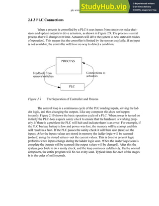 plc wiring - 2.10
2.1.3 PLC Connections
When a process is controlled by a PLC it uses inputs from sensors to make deci-
sions and update outputs to drive actuators, as shown in Figure 2.9. The process is a real
process that will change over time. Actuators will drive the system to new states (or modes
of operation). This means that the controller is limited by the sensors available, if an input
is not available, the controller will have no way to detect a condition.
Figure 2.9 The Separation of Controller and Process
The control loop is a continuous cycle of the PLC reading inputs, solving the lad-
der logic, and then changing the outputs. Like any computer this does not happen
instantly. Figure 2.10 shows the basic operation cycle of a PLC. When power is turned on
initially the PLC does a quick sanity check to ensure that the hardware is working prop-
erly. If there is a problem the PLC will halt and indicate there is an error. For example, if
the PLC backup battery is low and power was lost, the memory will be corrupt and this
will result in a fault. If the PLC passes the sanity check it will then scan (read) all the
inputs. After the inputs values are stored in memory the ladder logic will be scanned
(solved) using the stored values - not the current values. This is done to prevent logic
problems when inputs change during the ladder logic scan. When the ladder logic scan is
complete the outputs will be scanned (the output values will be changed). After this the
system goes back to do a sanity check, and the loop continues indefinitely. Unlike normal
computers, the entire program will be run every scan. Typical times for each of the stages
is in the order of milliseconds.
PROCESS
Feedback from
sensors/switches
PLC
Connections to
actuators
 