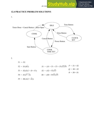 plc states - 12.34
12.4 PRACTICE PROBLEM SOLUTIONS
1.
2.
IDLE
COOK
CLOCK
COOK
SET
TIME SET
Time Button
Time Button
Power Button
Cancel Button
Start Button
Timer Done + Cancel Button + Door Open
T1 FS
=
T2 S1 BA
( )
=
T3 S2 E C D F
+ +
( )
( )
=
T4 S1 F E
+
( )
=
T5 S0 A C D
+
( )
( )
=
S1 S1 T1 T3 T5
+ + +
( )T2T4
=
S2 S2 T2
+
( )T3
=
S0 S0 T4T2
+
( )T5
=
P S1 S2
+
=
Q S0 S2
+
=
R S0 S1
+
=
 