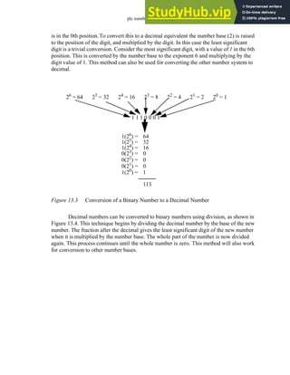 plc numbers - 13.3
is in the 0th position.To convert this to a decimal equivalent the number base (2) is raised
to the position of the digit, and multiplied by the digit. In this case the least significant
digit is a trivial conversion. Consider the most significant digit, with a value of 1 in the 6th
position. This is converted by the number base to the exponent 6 and multiplying by the
digit value of 1. This method can also be used for converting the other number system to
decimal.
Figure 13.3 Conversion of a Binary Number to a Decimal Number
Decimal numbers can be converted to binary numbers using division, as shown in
Figure 13.4. This technique begins by dividing the decimal number by the base of the new
number. The fraction after the decimal gives the least significant digit of the new number
when it is multiplied by the number base. The whole part of the number is now divided
again. This process continues until the whole number is zero. This method will also work
for conversion to other number bases.
1 1 1 0 0 0 1
64
32
16
0
113
20 = 1
21 = 2
22 = 4
23 = 8
24 = 16
25 = 32
26 = 64
0
0
1
1(26) =
1(25) =
1(24) =
0(23) =
0(22) =
0(21
) =
1(20
) =
 