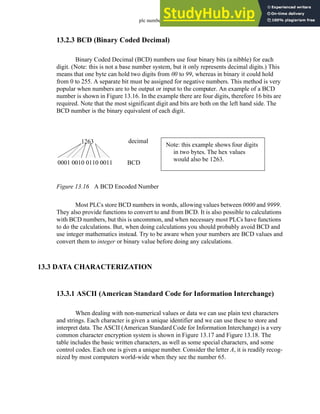 plc numbers - 13.11
13.2.3 BCD (Binary Coded Decimal)
Binary Coded Decimal (BCD) numbers use four binary bits (a nibble) for each
digit. (Note: this is not a base number system, but it only represents decimal digits.) This
means that one byte can hold two digits from 00 to 99, whereas in binary it could hold
from 0 to 255. A separate bit must be assigned for negative numbers. This method is very
popular when numbers are to be output or input to the computer. An example of a BCD
number is shown in Figure 13.16. In the example there are four digits, therefore 16 bits are
required. Note that the most significant digit and bits are both on the left hand side. The
BCD number is the binary equivalent of each digit.
Figure 13.16 A BCD Encoded Number
Most PLCs store BCD numbers in words, allowing values between 0000 and 9999.
They also provide functions to convert to and from BCD. It is also possible to calculations
with BCD numbers, but this is uncommon, and when necessary most PLCs have functions
to do the calculations. But, when doing calculations you should probably avoid BCD and
use integer mathematics instead. Try to be aware when your numbers are BCD values and
convert them to integer or binary value before doing any calculations.
13.3 DATA CHARACTERIZATION
13.3.1 ASCII (American Standard Code for Information Interchange)
When dealing with non-numerical values or data we can use plain text characters
and strings. Each character is given a unique identifier and we can use these to store and
interpret data. The ASCII (American Standard Code for Information Interchange) is a very
common character encryption system is shown in Figure 13.17 and Figure 13.18. The
table includes the basic written characters, as well as some special characters, and some
control codes. Each one is given a unique number. Consider the letter A, it is readily recog-
nized by most computers world-wide when they see the number 65.
1263
0001 0010 0110 0011 BCD
decimal
Note: this example shows four digits
in two bytes. The hex values
would also be 1263.
 