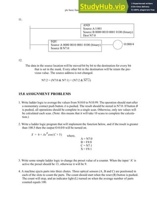 plc basic functions - 15.34
11.
12.
15.8 ASSIGNMENT PROBLEMS
1. Write ladder logic to average the values from N10:0 to N10:99. The operation should start after
a momentary contact push button A is pushed. The result should be stored in N7:0. If button B
is pushed, all operations should be complete in a single scan. Otherwise, only ten values will
be calculated each scan. (Note: this means that it will take 10 scans to complete the calcula-
tion.)
2. Write a ladder logic program that will implement the function below, and if the result is greater
than 100.5 then the output O:0.0/0 will be turned on.
3. Write some simple ladder logic to change the preset value of a counter. When the input ‘A’ is
active the preset should be 13, otherwise it will be 9.
4. A machine ejects parts into three chutes. Three optical sensors (A, B and C) are positioned in
each of the slots to count the parts. The count should start when the reset (R) button is pushed.
The count will stop, and an indicator light (L) turned on when the average number of parts
counted equals 100.
AND
Source A I:001
Source B 0000 0010 0001 0100 (binary)
Dest N7:0
EQU
Source A 0000 0010 0001 0100 (binary)
Source B N7:0
O:000/4
N7:2 = (N7:0 & N7:1) + (N7:2 & N7:1)
The data in the source location will be moved bit by bit to the destination for every bit
that is set in the mask. Every other bit in the destination will be retain the pre-
vious value. The source address is not changed.
X 6 Ae
B
C 5
+
( )
cos
+
= where,
A = N7:0
B = F8:0
C = N7:1
X = F8:1
 
