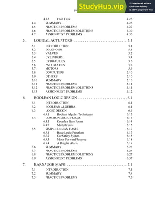 page ii
4.3.8 Fluid Flow 4.26
4.4 SUMMARY 4.26
4.5 PRACTICE PROBLEMS 4.27
4.6 PRACTICE PROBLEM SOLUTIONS 4.30
4.7 ASSIGNMENT PROBLEMS 4.36
5. LOGICAL ACTUATORS . . . . . . . . . . . . . . . . . . . . . . . . . . . . . . 5.1
5.1 INTRODUCTION 5.1
5.2 SOLENOIDS 5.1
5.3 VALVES 5.2
5.4 CYLINDERS 5.4
5.5 HYDRAULICS 5.6
5.6 PNEUMATICS 5.8
5.7 MOTORS 5.9
5.8 COMPUTERS 5.10
5.9 OTHERS 5.10
5.10 SUMMARY 5.10
5.11 PRACTICE PROBLEMS 5.11
5.12 PRACTICE PROBLEM SOLUTIONS 5.11
5.13 ASSIGNMENT PROBLEMS 5.12
6. BOOLEAN LOGIC DESIGN . . . . . . . . . . . . . . . . . . . . . . . . . . . . 6.1
6.1 INTRODUCTION 6.1
6.2 BOOLEAN ALGEBRA 6.1
6.3 LOGIC DESIGN 6.6
6.3.1 Boolean Algebra Techniques 6.13
6.4 COMMON LOGIC FORMS 6.14
6.4.1 Complex Gate Forms 6.14
6.4.2 Multiplexers 6.15
6.5 SIMPLE DESIGN CASES 6.17
6.5.1 Basic Logic Functions 6.17
6.5.2 Car Safety System 6.18
6.5.3 Motor Forward/Reverse 6.18
6.5.4 A Burglar Alarm 6.19
6.6 SUMMARY 6.23
6.7 PRACTICE PROBLEMS 6.24
6.8 PRACTICE PROBLEM SOLUTIONS 6.27
6.9 ASSIGNMENT PROBLEMS 6.37
7. KARNAUGH MAPS . . . . . . . . . . . . . . . . . . . . . . . . . . . . . . . . . . 7.1
7.1 INTRODUCTION 7.1
7.2 SUMMARY 7.4
7.3 PRACTICE PROBLEMS 7.5
 