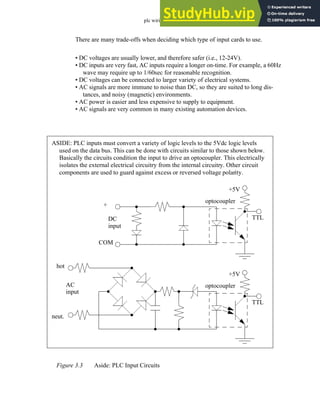 plc wiring - 3.6
There are many trade-offs when deciding which type of input cards to use.
• DC voltages are usually lower, and therefore safer (i.e., 12-24V).
• DC inputs are very fast, AC inputs require a longer on-time. For example, a 60Hz
wave may require up to 1/60sec for reasonable recognition.
• DC voltages can be connected to larger variety of electrical systems.
• AC signals are more immune to noise than DC, so they are suited to long dis-
tances, and noisy (magnetic) environments.
• AC power is easier and less expensive to supply to equipment.
• AC signals are very common in many existing automation devices.
Figure 3.3 Aside: PLC Input Circuits
ASIDE: PLC inputs must convert a variety of logic levels to the 5Vdc logic levels
used on the data bus. This can be done with circuits similar to those shown below.
Basically the circuits condition the input to drive an optocoupler. This electrically
isolates the external electrical circuitry from the internal circuitry. Other circuit
components are used to guard against excess or reversed voltage polarity.
TTL
+5V
optocoupler
TTL
+5V
optocoupler
DC
input
AC
input
+
COM
hot
neut.
 