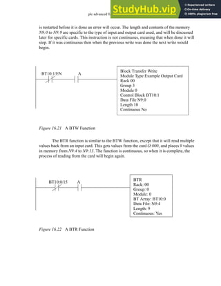 plc advanced functions - 16.21
is restarted before it is done an error will occur. The length and contents of the memory
N9:0 to N9:9 are specific to the type of input and output card used, and will be discussed
later for specific cards. This instruction is not continuous, meaning that when done it will
stop. If it was continuous then when the previous write was done the next write would
begin.
Figure 16.21 A BTW Function
The BTR function is similar to the BTW function, except that it will read multiple
values back from an input card. This gets values from the card O:000, and places 9 values
in memory from N9:4 to N9:13. The function is continuous, so when it is complete, the
process of reading from the card will begin again.
Figure 16.22 A BTR Function
Block Transfer Write
Module Type Example Output Card
Rack 00
Group 3
Module 0
Control Block BT10:1
Data File N9:0
Length 10
Continuous No
BT10:1/EN A
BTR
Rack: 00
Group: 0
Module: 0
BT Array: BT10:0
Data File: N9:4
Length: 9
Continuous: Yes
BT10:0/15 A
 