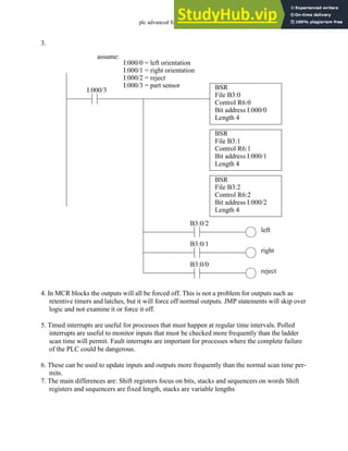 plc advanced functions - 16.34
3.
4. In MCR blocks the outputs will all be forced off. This is not a problem for outputs such as
retentive timers and latches, but it will force off normal outputs. JMP statements will skip over
logic and not examine it or force it off.
5. Timed interrupts are useful for processes that must happen at regular time intervals. Polled
interrupts are useful to monitor inputs that must be checked more frequently than the ladder
scan time will permit. Fault interrupts are important for processes where the complete failure
of the PLC could be dangerous.
6. These can be used to update inputs and outputs more frequently than the normal scan time per-
mits.
7. The main differences are: Shift registers focus on bits, stacks and sequencers on words Shift
registers and sequencers are fixed length, stacks are variable lengths
BSR
File B3:0
Control R6:0
Bit address I:000/0
Length 4
I:000/3
BSR
File B3:1
Control R6:1
Bit address I:000/1
Length 4
assume:
I:000/0 = left orientation
I:000/1 = right orientation
I:000/2 = reject
B3:0/2
left
B3:0/1
right
I:000/3 = part sensor
BSR
File B3:2
Control R6:2
Bit address I:000/2
Length 4
B3:0/0
reject
 