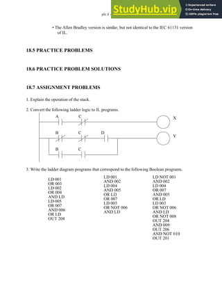 plc il - 18.10
• The Allen Bradley version is similar, but not identical to the IEC 61131 version
of IL.
18.5 PRACTICE PROBLEMS
18.6 PRACTICE PROBLEM SOLUTIONS
18.7 ASSIGNMENT PROBLEMS
1. Explain the operation of the stack.
2. Convert the following ladder logic to IL programs.
3. Write the ladder diagram programs that correspond to the following Boolean programs.
A C X
B C D
B C
Y
LD 001
OR 003
LD 002
OR 004
AND LD
LD 005
OR 007
AND 006
OR LD
OUT 204
LD 001
AND 002
LD 004
AND 005
OR LD
OR 007
LD 003
OR NOT 006
AND LD
LD NOT 001
AND 002
LD 004
OR 007
AND 005
OR LD
LD 003
OR NOT 006
AND LD
OR NOT 008
OUT 204
AND 009
OUT 206
AND NOT 010
OUT 201
 