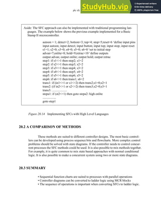 plc sfc - 20.16
Figure 20.14 Implementing SFCs with High Level Languages
20.2 A COMPARISON OF METHODS
These methods are suited to different controller designs. The most basic control-
lers can be developed using process sequence bits and flowcharts. More complex control
problems should be solved with state diagrams. If the controller needs to control concur-
rent processes the SFC methods could be used. It is also possible to mix methods together.
For example, it is quite common to mix state based approaches with normal conditional
logic. It is also possible to make a concurrent system using two or more state diagrams.
20.3 SUMMARY
• Sequential function charts are suited to processes with parallel operations
• Controller diagrams can be converted to ladder logic using MCR blocks
• The sequence of operations is important when converting SFCs to ladder logic.
autoon = 1; detect=2; bottom=3; top=4; stop=5;reset=6 ‘define input pins
input autoon; input detect; input button; input top; input stop; input reset
s1=1; s2=0; s3=0; s4=0; s5=0; s6=0 ‘set to initial step
advan=7;onlite=8; hold=9;retrac=10 ‘define outputs
output advan; output onlite; output hold; output retrac
step1: if s1<>1 then step2; s1=2
step2: if s2<>1 then step3; s2=2
step3: if s3<>1 then step4; s3=2
step4: if s4<>1 then step5; s4=2
step5: if s5<>1 then step6; s5=2
step6: if s6<>1 then trans1; s6=2
trans1: if (in1<>1 or s1<>2) then trans2;s1=0;s2=1
trans2: (if in2<>1 or s2<>2) then trans3;s2=0;s3=1
trans3: ...................
stepa1: if (st2<>1) then goto stepa2: high onlite
.................
goto step1
Aside: The SFC approach can also be implemented with traditional programming lan-
guages. The example below shows the previous example implemented for a Basic
Stamp II microcontroller.
 