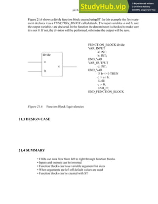 plc fb - 21.4
Figure 21.6 shows a divide function block created usingST. In this example the first state-
ment declares it as a FUNCTION_BLOCK called divide. The input variables a and b, and
the output variable c are declared. In the function the denominator is checked to make sure
it is not 0. If not, the division will be performed, otherwise the output will be zero.
Figure 21.6 Function Block Equivalencies
21.3 DESIGN CASE
21.4 SUMMARY
• FBDs use data flow from left to right through function blocks
• Inputs and outputs can be inverted
• Function blocks can have variable argument list sizes
• When arguments are left off default values are used
• Function blocks can be created with ST
FUNCTION_BLOCK divide
VAR_INPUT
a: INT;
b: INT;
END_VAR
VAR_OUTPUT
c: INT;
END_VAR
IF b <> 0 THEN
c := a / b;
ELSE
c := 0;
END_IF;
END_FUNCTION_BLOCK
divide
a
b
c
 