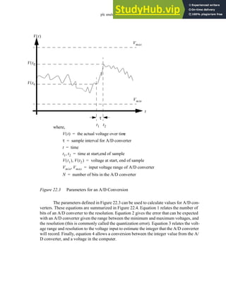 plc analog - 22.4
Figure 22.3 Parameters for an A/D Conversion
The parameters defined in Figure 22.3 can be used to calculate values for A/D con-
verters. These equations are summarized in Figure 22.4. Equation 1 relates the number of
bits of an A/D converter to the resolution. Equation 2 gives the error that can be expected
with an A/D converter given the range between the minimum and maximum voltages, and
the resolution (this is commonly called the quantization error). Equation 3 relates the volt-
age range and resolution to the voltage input to estimate the integer that the A/D converter
will record. Finally, equation 4 allows a conversion between the integer value from the A/
D converter, and a voltage in the computer.
V t
( )
t
τ
where,
V t
( ) the actual voltage over tim
e
=
τ sample interval for A/D converter
=
t time
=
t1 t2
V t1
( )
V t2
( )
Vmax
Vmin
t1 t2
, time at start,end of sample
=
V t1
( ) V t2
( )
, voltage at start, end of sample
=
Vmin Vmax
, input voltage range of A/D converter
=
N number of bits in the A/D converter
=
 