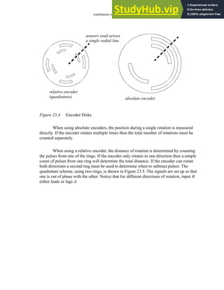 continuous sensors - 23.6
Figure 23.4 Encoder Disks
When using absolute encoders, the position during a single rotation is measured
directly. If the encoder rotates multiple times then the total number of rotations must be
counted separately.
When using a relative encoder, the distance of rotation is determined by counting
the pulses from one of the rings. If the encoder only rotates in one direction then a simple
count of pulses from one ring will determine the total distance. If the encoder can rotate
both directions a second ring must be used to determine when to subtract pulses. The
quadrature scheme, using two rings, is shown in Figure 23.5. The signals are set up so that
one is out of phase with the other. Notice that for different directions of rotation, input B
either leads or lags A.
relative encoder
absolute encoder
(quadrature)
sensors read across
a single radial line
 