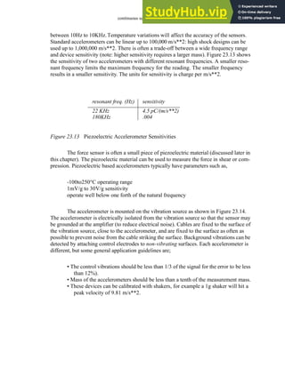 continuous sensors - 23.13
between 10Hz to 10KHz.Temperature variations will affect the accuracy of the sensors.
Standard accelerometers can be linear up to 100,000 m/s**2: high shock designs can be
used up to 1,000,000 m/s**2. There is often a trade-off between a wide frequency range
and device sensitivity (note: higher sensitivity requires a larger mass). Figure 23.13 shows
the sensitivity of two accelerometers with different resonant frequencies. A smaller reso-
nant frequency limits the maximum frequency for the reading. The smaller frequency
results in a smaller sensitivity. The units for sensitivity is charge per m/s**2.
Figure 23.13 Piezoelectric Accelerometer Sensitivities
The force sensor is often a small piece of piezoelectric material (discussed later in
this chapter). The piezoelectic material can be used to measure the force in shear or com-
pression. Piezoelectric based accelerometers typically have parameters such as,
-100to250°C operating range
1mV/g to 30V/g sensitivity
operate well below one forth of the natural frequency
The accelerometer is mounted on the vibration source as shown in Figure 23.14.
The accelerometer is electrically isolated from the vibration source so that the sensor may
be grounded at the amplifier (to reduce electrical noise). Cables are fixed to the surface of
the vibration source, close to the accelerometer, and are fixed to the surface as often as
possible to prevent noise from the cable striking the surface. Background vibrations can be
detected by attaching control electrodes to non-vibrating surfaces. Each accelerometer is
different, but some general application guidelines are;
• The control vibrations should be less than 1/3 of the signal for the error to be less
than 12%).
• Mass of the accelerometers should be less than a tenth of the measurement mass.
• These devices can be calibrated with shakers, for example a 1g shaker will hit a
peak velocity of 9.81 m/s**2.
sensitivity
4.5 pC/(m/s**2)
.004
resonant freq. (Hz)
22 KHz
180KHz
 