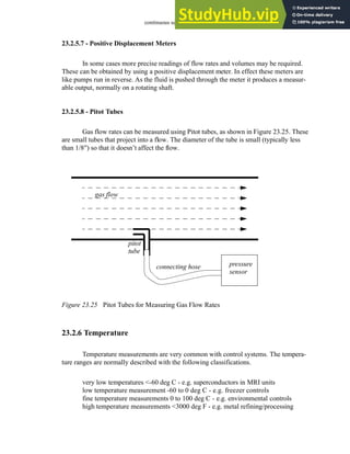 continuous sensors - 23.25
23.2.5.7 - Positive Displacement Meters
In some cases more precise readings of flow rates and volumes may be required.
These can be obtained by using a positive displacement meter. In effect these meters are
like pumps run in reverse. As the fluid is pushed through the meter it produces a measur-
able output, normally on a rotating shaft.
23.2.5.8 - Pitot Tubes
Gas flow rates can be measured using Pitot tubes, as shown in Figure 23.25. These
are small tubes that project into a flow. The diameter of the tube is small (typically less
than 1/8") so that it doesn’t affect the flow.
Figure 23.25 Pitot Tubes for Measuring Gas Flow Rates
23.2.6 Temperature
Temperature measurements are very common with control systems. The tempera-
ture ranges are normally described with the following classifications.
very low temperatures <-60 deg C - e.g. superconductors in MRI units
low temperature measurement -60 to 0 deg C - e.g. freezer controls
fine temperature measurements 0 to 100 deg C - e.g. environmental controls
high temperature measurements <3000 deg F - e.g. metal refining/processing
gas flow
pitot
connecting hose pressure
sensor
tube
 