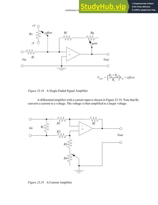 continuous sensors - 23.35
Figure 23.34 A Single Ended Signal Amplifier
A differential amplifier with a current input is shown in Figure 23.35. Note that Rc
converts a current to a voltage. The voltage is then amplified to a larger voltage.
Figure 23.35 A Current Amplifier
Vin
+V
-V
Ro
Ri
Rf Rg
gain
Vout
-
+
offset
Vout
Rf Rg
+
Ri
----------------
-
 
  Vin offset
+
=
-
+
Iin
Vout
Rc
R1
R2
Rf
R3
R4
 