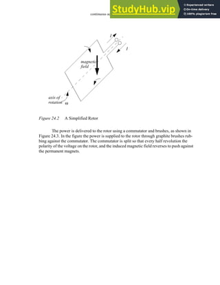 continuous actuators - 24.3
Figure 24.2 A Simplified Rotor
The power is delivered to the rotor using a commutator and brushes, as shown in
Figure 24.3. In the figure the power is supplied to the rotor through graphite brushes rub-
bing against the commutator. The commutator is split so that every half revolution the
polarity of the voltage on the rotor, and the induced magnetic field reverses to push against
the permanent magnets.
I
I
magnetic
axis of
rotation ω
field
 