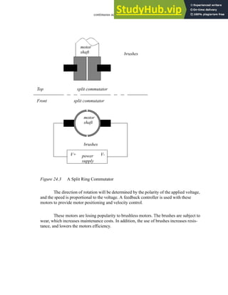 continuous actuators - 24.4
Figure 24.3 A Split Ring Commutator
The direction of rotation will be determined by the polarity of the applied voltage,
and the speed is proportional to the voltage. A feedback controller is used with these
motors to provide motor positioning and velocity control.
These motors are losing popularity to brushless motors. The brushes are subject to
wear, which increases maintenance costs. In addition, the use of brushes increases resis-
tance, and lowers the motors efficiency.
motor
split commutator
brushes
motor
split commutator
brushes
shaft
shaft
Top
Front
V+ V-
power
supply
 