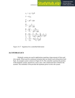 continuous actuators - 24.20
Figure 24.17 Equations for a controlled field motor
24.3 HYDRAULICS
Hydraulic systems are used in applications requiring a large amount of force and
slow speeds. When used for continuous actuation they are mainly used with position feed-
back. An example system is shown in Figure 24.18. The controller examines the position
of the hydraulic system, and drivers a servo valve. This controls the flow of fluid to the
actuator. The remainder of the provides the hydraulic power to drive the system.
ef rfif lfifD
+
=
T KTif
=
θ
T
--
-
1
JD
2
BD
+
-----------------------
-
=
T
θ
--
- JD
2
BD
+
=
θ
if
--
- θ
T
--
-
T
if
--
-
KT
JD
2
BD
+
-----------------------
-
= =
T
ef
---
- T
if
--
-
if
ef
---
- KT
1
rf lfD
+
-----------------
-
 
 
= =
θ
ef
---
- θ
if
--
-
if
ef
---
-
KT
JD
2
BD
+
-----------------------
-
 
 
  1
rf lfD
+
-----------------
-
 
 
= =
 