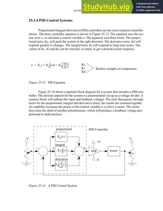 plc pid - 25.12
25.3.4 PID Control Systems
Proportional-Integral-Derivative (PID) controllers are the most common controller
choice. The basic controller equation is shown in Figure 25.13. The equation uses the sys-
tem error e, to calculate a control variable u. The equation uses three terms. The propor-
tional term, Kp, will push the system in the right direction. The derivative term, Kd will
respond quickly to changes. The integral term, Ki will respond to long-term errors. The
values of Kc, Ki and Kp can be selected, or tuned, to get a desired system response.
Figure 25.13 PID Equation
Figure 25.14 shows a (partial) block diagram for a system that includes a PID con-
troller. The desired setpoint for the system is a potentiometer set up as a voltage divider. A
summer block will subtract the input and feedback voltages. The error then passes through
terms for the proportional, integral and derivative terms; the results are summed together.
An amplifier increases the power of the control variable u, to drive a motor. The motor
then turns the shaft of another potentiometer, which will produce a feedback voltage pro-
portional to shaft position.
Figure 25.14 A PID Control System
u Kce Ki edt
∫ Kd
de
dt
-----
-
 
 
+ +
= Kc
Ki
Kd
Relative weights of components
V V
+
-
amp motor
+
+
+
proportional
integral
derivative
Ki e
∫
( )
Kp e
( )
Kd
d
dt
----
-e
 
 
PID Controller
u
e
+V
-V
 