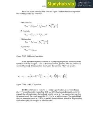 plc pid - 25.13
Recall the cruise control system for a car. Figure 25.15 shows various equations
that could be used as the controller.
Figure 25.15 Different Controllers
When implementing these equations in a computer program the equations can be
rewritten as shown in Figure 25.16.To do this calculation, previous error and control val-
ues must be stored. The calculation also require the scan time T between updates.
Figure 25.16 A PID Calculation
The PID calculation is available as a ladder logic function, as shown in Figure
25.17. This can be used in place of the SUB and MUL functions in Figure 25.12. In this
example the calculation uses the feedback variable stored in Proc Location (as read from
the analog input). The result is stored in N7:2 (to be an analog output). The control block
uses the parameters stored in PD12:0 to perform the calculations. Most PLC programming
software will provide dialogues to set these value.
θgas Kpverror Ki verrordt
∫ Kd
dverror
dt
----------------
 
 
+ +
=
θgas Kpverror Ki verrordt
∫
+
=
θgas Kpverror
=
θgas Kpverror Kd
dverror
dt
----------------
 
 
+
=
PI Controller
P Controller
PD Controller
PID Controller
un un 1
– en Kp KiT
Kd
T
-----
-
+ +
 
  en 1
– Kp
– 2
Kd
T
-----
-
–
 
  en 2
–
Kd
T
-----
-
 
 
+ + +
=
 