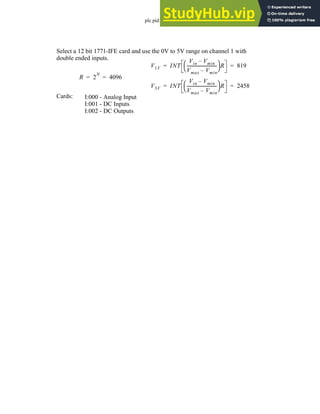 plc pid - 25.15
Select a 12 bit 1771-IFE card and use the 0V to 5V range on channel 1 with
R 2
N
4096
= =
V1V INT
Vin Vmin
–
Vmax Vmin
–
----------------------------
-
 
  R 819
= =
V3V INT
Vin Vmin
–
Vmax Vmin
–
----------------------------
-
 
  R 2458
= =
double ended inputs.
Cards: I:000 - Analog Input
I:001 - DC Inputs
I:002 - DC Outputs
 