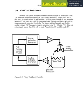 plc pid - 25.17
25.4.2 Water Tank Level Control
Problem: The system in Figure 25.19 will control the height of the water in a tank.
The input from the pressure transducer, Vp, will vary between 0V (empty tank) and 5V
(full tank). A voltage output, Vo, will position a valve to change the tank fill rate. Vo varies
between 0V (no water flow) and 5V (maximum flow). The system will always be on: the
emergency stop is connected electrically. The desired height of a tank is specified by
another voltage, Vd. The output voltage is calculated using Vo = 0.5 (Vd - Vp). If the out-
put voltage is greater than 5V is will be made 5V, and below 0V is will be made 0V.
Figure 25.19 Water Tank Level Controller
PLC
Running
Control
Program
Water Tank
Digital
to Analog
Converter
Analog
to Digital
Converter
Water
Supply
Amp
Amp
pressure
transducer
 