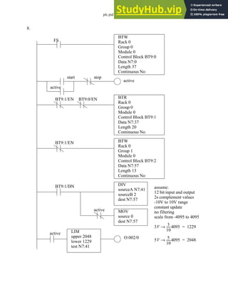plc pid - 25.25
8.
BTW
Rack 0
Group 0
Module 0
FS
Control Block BT9:0
Data N7:0
Length 37
Continuous No
BTR
Rack 0
Group 0
Module 0
BT9:1/EN
Control Block BT9:1
Data N7:37
Length 20
Continuous No
BTW
Rack 0
Group 1
Module 0
BT9:1/EN
Control Block BT9:2
Data N7:57
Length 13
Continuous No
BT9:0/EN
DIV
sourceA N7:41
sourceB 2
dest N7:57
BT9:1/DN
active
active
start stop
MOV
source 0
dest N7:57
active
LIM
upper 2048
lower 1229
test N7:41
active
assume:
12 bit input and output
2s complement values
-10V to 10V range
constant update
no filtering
scale from -4095 to 4095
3V
3
10
-----
-4095
→ 1229
=
5V
5
10
-----
-4095
→ 2048
=
O:002/0
 