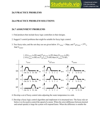 plc fuzzy - 26.8
26.5 PRACTICE PROBLEMS
26.6 PRACTICE PROBLEM SOLUTIONS
26.7 ASSIGNMENT PROBLEMS
1. Find products that include fuzzy logic controllers in their designs.
2. Suggest 5 control problems that might be suitable for fuzzy logic control.
3. Two fuzzy rules, and the sets they use are given below. If verror = 30rps, and d/dtverror = 3rps/s,
find Vmotor.
4. Develop a set of fuzzy control rules adjusting the water temperature in a sink.
5. Develop a fuzzy logic control algorithm and implement it in structured text. The fuzzy rule set
below is to be used to control the speed of a motor. When the error (difference between desired
and actual speeds) is large the system will respond faster. When the difference is smaller the
1. If (verror is ZE) and (d/dtverror is ZE) then (Vmotor is ZE).
2. If (verror is SP) or (d
/dtverror is SP) then (Vmotor is SP).
verror
0
1
-100 -50 0 50 100
rps
0
1
-100 -50 0 50 100
rps
0
1
-100 -50 0 50 100
rps
d
/dtverror
0
1
-6 -3 0 3 6
rps/s
0
1
-6 -3 0 3 6
rps/s
0
1
-6 -3 0 3 6
rps/s
Vmotor
0
1
0 6 12 18 24
V
0
1
0 6 12 18 24
V
0
1
0 6 12 18 24
V
SN
ZE
SP
 