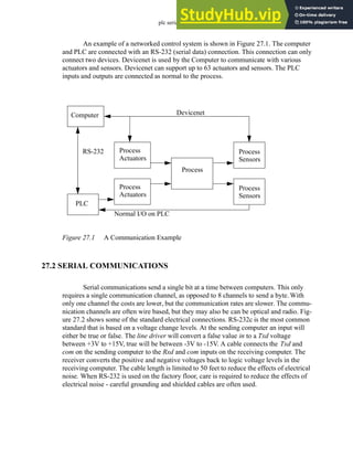 plc serial - 27.2
An example of a networked control system is shown in Figure 27.1. The computer
and PLC are connected with an RS-232 (serial data) connection. This connection can only
connect two devices. Devicenet is used by the Computer to communicate with various
actuators and sensors. Devicenet can support up to 63 actuators and sensors. The PLC
inputs and outputs are connected as normal to the process.
Figure 27.1 A Communication Example
27.2 SERIAL COMMUNICATIONS
Serial communications send a single bit at a time between computers. This only
requires a single communication channel, as opposed to 8 channels to send a byte. With
only one channel the costs are lower, but the communication rates are slower. The commu-
nication channels are often wire based, but they may also be can be optical and radio. Fig-
ure 27.2 shows some of the standard electrical connections. RS-232c is the most common
standard that is based on a voltage change levels. At the sending computer an input will
either be true or false. The line driver will convert a false value in to a Txd voltage
between +3V to +15V, true will be between -3V to -15V. A cable connects the Txd and
com on the sending computer to the Rxd and com inputs on the receiving computer. The
receiver converts the positive and negative voltages back to logic voltage levels in the
receiving computer. The cable length is limited to 50 feet to reduce the effects of electrical
noise. When RS-232 is used on the factory floor, care is required to reduce the effects of
electrical noise - careful grounding and shielded cables are often used.
PLC
Process
Computer Devicenet
Actuators
Process
Process
Sensors
Process
Actuators
Process
Sensors
RS-232
Normal I/O on PLC
 