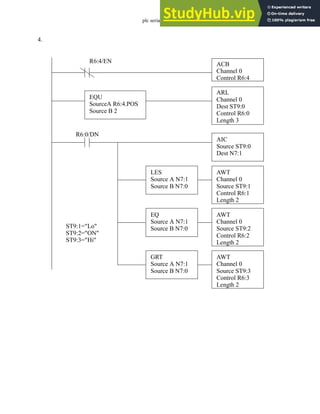 plc serial - 27.17
4.
ARL
Channel 0
Dest ST9:0
Control R6:0
Length 3
AIC
Source ST9:0
Dest N7:1
AWT
Channel 0
Source ST9:1
LES
Source A N7:1
Source B N7:0
Control R6:1
Length 2
AWT
Channel 0
Source ST9:2
EQ
Source A N7:1
Source B N7:0
Control R6:2
Length 2
AWT
Channel 0
Source ST9:3
GRT
Source A N7:1
Source B N7:0
Control R6:3
Length 2
ST9:1="Lo"
ST9:2="ON"
ST9:3="Hi"
R6:0/DN
ACB
Channel 0
Control R6:4
R6:4/EN
EQU
SourceA R6:4.POS
Source B 2
 