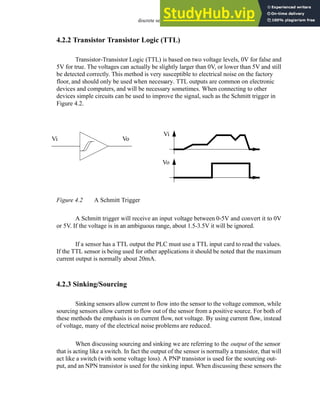 discrete sensors - 4.3
4.2.2 Transistor Transistor Logic (TTL)
Transistor-Transistor Logic (TTL) is based on two voltage levels, 0V for false and
5V for true. The voltages can actually be slightly larger than 0V, or lower than 5V and still
be detected correctly. This method is very susceptible to electrical noise on the factory
floor, and should only be used when necessary. TTL outputs are common on electronic
devices and computers, and will be necessary sometimes. When connecting to other
devices simple circuits can be used to improve the signal, such as the Schmitt trigger in
Figure 4.2.
Figure 4.2 A Schmitt Trigger
A Schmitt trigger will receive an input voltage between 0-5V and convert it to 0V
or 5V. If the voltage is in an ambiguous range, about 1.5-3.5V it will be ignored.
If a sensor has a TTL output the PLC must use a TTL input card to read the values.
If the TTL sensor is being used for other applications it should be noted that the maximum
current output is normally about 20mA.
4.2.3 Sinking/Sourcing
Sinking sensors allow current to flow into the sensor to the voltage common, while
sourcing sensors allow current to flow out of the sensor from a positive source. For both of
these methods the emphasis is on current flow, not voltage. By using current flow, instead
of voltage, many of the electrical noise problems are reduced.
When discussing sourcing and sinking we are referring to the output of the sensor
that is acting like a switch. In fact the output of the sensor is normally a transistor, that will
act like a switch (with some voltage loss). A PNP transistor is used for the sourcing out-
put, and an NPN transistor is used for the sinking input. When discussing these sensors the
Vi Vo
Vi
Vo
 