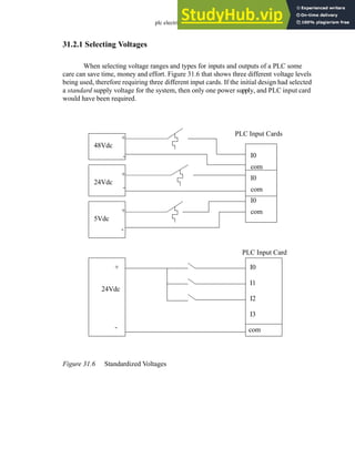 plc electrical - 31.8
31.2.1 Selecting Voltages
When selecting voltage ranges and types for inputs and outputs of a PLC some
care can save time, money and effort. Figure 31.6 that shows three different voltage levels
being used, therefore requiring three different input cards. If the initial design had selected
a standard supply voltage for the system, then only one power supply, and PLC input card
would have been required.
Figure 31.6 Standardized Voltages
24Vdc
+
-
I0
I1
I2
I3
com
PLC Input Card
+
-
24Vdc
+
-
5Vdc
+
I0
com
I0
com
I0
com
-
PLC Input Cards
48Vdc
 