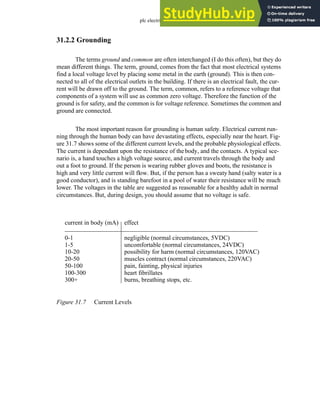 plc electrical - 31.9
31.2.2 Grounding
The terms ground and common are often interchanged (I do this often), but they do
mean different things. The term, ground, comes from the fact that most electrical systems
find a local voltage level by placing some metal in the earth (ground). This is then con-
nected to all of the electrical outlets in the building. If there is an electrical fault, the cur-
rent will be drawn off to the ground. The term, common, refers to a reference voltage that
components of a system will use as common zero voltage. Therefore the function of the
ground is for safety, and the common is for voltage reference. Sometimes the common and
ground are connected.
The most important reason for grounding is human safety. Electrical current run-
ning through the human body can have devastating effects, especially near the heart. Fig-
ure 31.7 shows some of the different current levels, and the probable physiological effects.
The current is dependant upon the resistance of thebody, and the contacts. A typical sce-
nario is, a hand touches a high voltage source, and current travels through the body and
out a foot to ground. If the person is wearing rubber gloves and boots, the resistance is
high and very little current will flow. But, if the person has a sweaty hand (salty water is a
good conductor), and is standing barefoot in a pool of water their resistance will be much
lower. The voltages in the table are suggested as reasonable for a healthy adult in normal
circumstances. But, during design, you should assume that no voltage is safe.
Figure 31.7 Current Levels
current in body (mA)
0-1
1-5
10-20
20-50
50-100
100-300
300+
effect
negligible (normal circumstances, 5VDC)
uncomfortable (normal circumstances, 24VDC)
possibility for harm (normal circumstances, 120VAC)
muscles contract (normal circumstances, 220VAC)
pain, fainting, physical injuries
heart fibrillates
burns, breathing stops, etc.
 