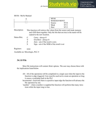 plc function ref - 34.22
34.1.8 File
Most file instructions will contain Mode options. The user may choose these with
the implications listed below.
All - All of the operations will be completed in a single scan when the input to the
function is edge triggered. Care must be used not to create an operation so long
it causes a watchdog fault in the PLC
Incremental - Each time there is a positive input edge the function will advance the
file operation by one.
’number’ - when a number is supplied the function will perform that many itera-
tions while the input rung is true.
MVM
MAKSED MOVE
Source
Mask
N7:0
N7:1
A
Status Bits:
This function will retrieve the values from the source and mask memory
and AND them together. Only the bits that are true in the mask will be
copied to the new location.
Description:
C
V
Z
S
Carry - always 0
Overflow - always 0
Zero - sets if the result is zero.
Sign - sets if the MSB of the result is set
Registers: none
Available on: Micrologix, PLC-5
MVM - MoVe Masked
Dest N7:2
 