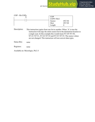 plc function ref - 34.23
COP
COPY FILE
Source
Dest
Length
#N7:50
#N7:20
4
A
Status Bits:
This instruction copies from one list to another. When ’A’ is true the
instruction will copy the entire source list to the destination location in
a single scan. In this example this would mean N7:20=N7:50,
N7:21=N7:51, N7:22=N7:52 and N7:23=N7:53. The source values
are not changed. This instruction will not convert data types.
Description:
none
Registers: none
Available on: Micrologix, PLC-5
COP - file COPy
 