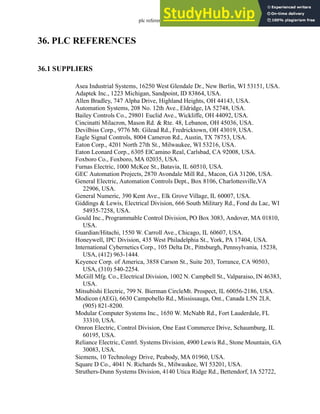 plc references - 36.1
36. PLC REFERENCES
36.1 SUPPLIERS
Asea Industrial Systems, 16250 West Glendale Dr., New Berlin, WI 53151, USA.
Adaptek Inc., 1223 Michigan, Sandpoint, ID 83864, USA.
Allen Bradley, 747 Alpha Drive, Highland Heights, OH 44143, USA.
Automation Systems, 208 No. 12th Ave., Eldridge, IA 52748, USA.
Bailey Controls Co., 29801 Euclid Ave., Wickliffe, OH 44092, USA.
Cincinatti Milacron, Mason Rd. & Rte. 48, Lebanon, OH 45036, USA.
Devilbiss Corp., 9776 Mt. Gilead Rd., Fredricktown, OH 43019, USA.
Eagle Signal Controls, 8004 Cameron Rd., Austin, TX 78753, USA.
Eaton Corp., 4201 North 27th St., Milwaukee, WI 53216, USA.
Eaton Leonard Corp., 6305 ElCamino Real, Carlsbad, CA 92008, USA.
Foxboro Co., Foxboro, MA 02035, USA.
Furnas Electric, 1000 McKee St., Batavia, IL 60510, USA.
GEC Automation Projects, 2870 Avondale Mill Rd., Macon, GA 31206, USA.
General Electric, Automation Controls Dept., Box 8106, Charlottesville,VA
22906, USA.
General Numeric, 390 Kent Ave., Elk Grove Village, IL 60007, USA.
Giddings & Lewis, Electrical Division, 666 South Military Rd., Fond du Lac, WI
54935-7258, USA.
Gould Inc., Programmable Control Division, PO Box 3083, Andover, MA 01810,
USA.
Guardian/Hitachi, 1550 W. Carroll Ave., Chicago, IL 60607, USA.
Honeywell, IPC Division, 435 West Philadelphia St., York, PA 17404, USA.
International Cybernetics Corp., 105 Delta Dr., Pittsburgh, Pennsylvania, 15238,
USA, (412) 963-1444.
Keyence Corp. of America, 3858 Carson St., Suite 203, Torrance, CA 90503,
USA, (310) 540-2254.
McGill Mfg. Co., Electrical Division, 1002 N. Campbell St., Valparaiso, IN 46383,
USA.
Mitsubishi Electric, 799 N. Bierman CircleMt. Prospect, IL 60056-2186, USA.
Modicon (AEG), 6630 Campobello Rd., Mississauga, Ont., Canada L5N 2L8,
(905) 821-8200.
Modular Computer Systems Inc., 1650 W. McNabb Rd., Fort Lauderdale, FL
33310, USA.
Omron Electric, Control Division, One East Commerce Drive, Schaumburg, IL
60195, USA.
Reliance Electric, Centrl. Systems Division, 4900 Lewis Rd., Stone Mountain, GA
30083, USA.
Siemens, 10 Technology Drive, Peabody, MA 01960, USA.
Square D Co., 4041 N. Richards St., Milwaukee, WI 53201, USA.
Struthers-Dunn Systems Division, 4140 Utica Ridge Rd., Bettendorf, IA 52722,
 