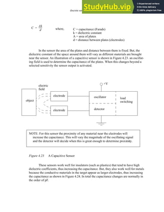 discrete sensors - 4.20
In the sensor the area of the plates and distance between them is fixed. But, the
dielectric constant of the space around them will vary as different materials are brought
near the sensor. An illustration of a capacitive sensor is shown in Figure 4.23. an oscillat-
ing field is used to determine the capacitance of the plates. When this changes beyond a
selected sensitivity the sensor output is activated.
Figure 4.23 A Capacitive Sensor
These sensors work well for insulators (such as plastics) that tend to have high
dielectric coefficients, thus increasing the capacitance. But, they also work well for metals
because the conductive materials in the target appear as larger electrodes, thus increasing
the capacitance as shown in Figure 4.24. In total the capacitance changes are normally in
the order of pF.
C
Ak
d
-----
-
= where, C = capacitance (Farads)
k = dielectric constant
A = area of plates
d = distance between plates (electrodes)
electric
field
object
electrode
electrode
oscillator
detector
load
switching
+V
NOTE: For this sensor the proximity of any material near the electrodes will
increase the capacitance. This will vary the magnitude of the oscillating signal
and the detector will decide when this is great enough to determine proximity.
 
