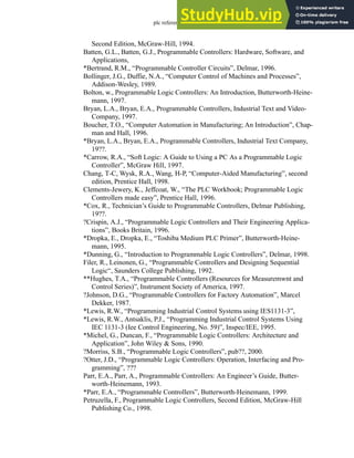 plc references - 36.4
Second Edition, McGraw-Hill, 1994.
Batten, G.L., Batten, G.J., Programmable Controllers: Hardware, Software, and
Applications,
*Bertrand, R.M., “Programmable Controller Circuits”, Delmar, 1996.
Bollinger, J.G., Duffie, N.A., “Computer Control of Machines and Processes”,
Addison-Wesley, 1989.
Bolton, w., Programmable Logic Controllers: An Introduction, Butterworth-Heine-
mann, 1997.
Bryan, L.A., Bryan, E.A., Programmable Controllers, Industrial Text and Video-
Company, 1997.
Boucher, T.O., “Computer Automation in Manufacturing; An Introduction”, Chap-
man and Hall, 1996.
*Bryan, L.A., Bryan, E.A., Programmable Controllers, Industrial Text Company,
19??.
*Carrow, R.A., “Soft Logic: A Guide to Using a PC As a Programmable Logic
Controller”, McGraw Hill, 1997.
Chang, T-C, Wysk, R.A., Wang, H-P, “Computer-Aided Manufacturing”, second
edition, Prentice Hall, 1998.
Clements-Jewery, K., Jeffcoat, W., “The PLC Workbook; Programmable Logic
Controllers made easy”, Prentice Hall, 1996.
*Cox, R., Technician’s Guide to Programmable Controllers, Delmar Publishing,
19??.
?Crispin, A.J., “Programmable Logic Controllers and Their Engineering Applica-
tions”, Books Britain, 1996.
*Dropka, E., Dropka, E., “Toshiba Medium PLC Primer”, Butterworth-Heine-
mann, 1995.
*Dunning, G., “Introduction to Programmable Logic Controllers”, Delmar, 1998.
Filer, R., Leinonen, G., “Programmable Controllers and Designing Sequential
Logic“, Saunders College Publishing, 1992.
**Hughes, T.A., “Programmable Controllers (Resources for Measuremwnt and
Control Series)”, Instrument Society of America, 1997.
?Johnson, D.G., “Programmable Controllers for Factory Automation”, Marcel
Dekker, 1987.
*Lewis, R.W., “Programming Industrial Control Systems using IES1131-3”,
*Lewis, R.W., Antsaklis, P.J., “Programming Industrial Control Systems Using
IEC 1131-3 (Iee Control Engineering, No. 59)”, Inspec/IEE, 1995.
*Michel, G., Duncan, F., “Programmable Logic Controllers: Architecture and
Application”, John Wiley & Sons, 1990.
?Morriss, S.B., “Programmable Logic Controllers”, pub??, 2000.
?Otter, J.D., “Programmable Logic Controllers: Operation, Interfacing and Pro-
gramming”, ???
Parr, E.A., Parr, A., Programmable Controllers: An Engineer’s Guide, Butter-
worth-Heinemann, 1993.
*Parr, E.A., “Programmable Controllers”, Butterworth-Heinemann, 1999.
Petruzella, F., Programmable Logic Controllers, Second Edition, McGraw-Hill
Publishing Co., 1998.
 