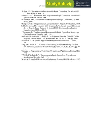 plc references - 36.5
*Ridley, J.E., “Introduction to Programmable Logic Controllers: The Mitsubishi
Fx”, John Wiley & Sons, 1997.
Rohner, P., PLC: Automation With Programmable Logic Controllers, International
Specialized Book Service, 1996.
*Rosandich, R.G., “Fundamentals of Programmable Logic Controllers”, EC&M
Books, 1997.
*Simpson, C.D., “Programmable Logic Controllers”, Regents/Prentice Hall, 1994.
Sobh, M., Owen, J.C., Valvanis, K.P., Gracanin, S., “A Subject-Indexed Bibliogra-
phy of Discrete Event Dynamic Systems”, IEEE Robotics and Applications
Magazine, June 1994, pp. 14-20.
**Stenerson, J., “Fundamentals of Programmable Logic Controllers, Sensors and
Communications”, Prentice Hall, 1998.
Sugiyama, H., Umehara, Y., Smith, E., “A Sequential Function Chart (SFC) Lan-
guage for Batch Control”, ISA Transactions, Vol. 29, No. 2, 1990, pp. 63-69.
Swainston, F., “A Systems Approach to Programmable Controllers”, Delmar,
1992.
Teng, S.H., Black, J. T., “Cellular Manufacturing Systems Modelling: The Petri
Net Approach”, Journal of Manufacturing Systems, Vol. 9, No. 1, 1988, pp. 45-
54.
Warnock, I., Programmable Controllers: Operation and Application, Prentice Hall,
19??.
**Webb, J.W., Reis, R.A., “Programmable Logic Controllers, Principles and
Applications”, Prentice Hall, 1995.
Wright, C.P., Applied Measurement Engineering, Prentice-Hall, New Jersey, 1995.
 