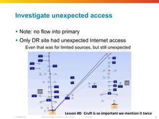 Investigate unexpected access Note: no flow into primary Only DR site had unexpected Internet access Even that was for limited sources, but still unexpected Lesson #8:  Cruft is so important we mention it twice 