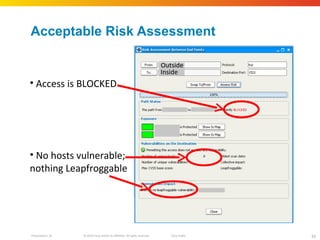 Acceptable Risk Assessment Outside Inside Access is BLOCKED No hosts vulnerable; nothing Leapfroggable 